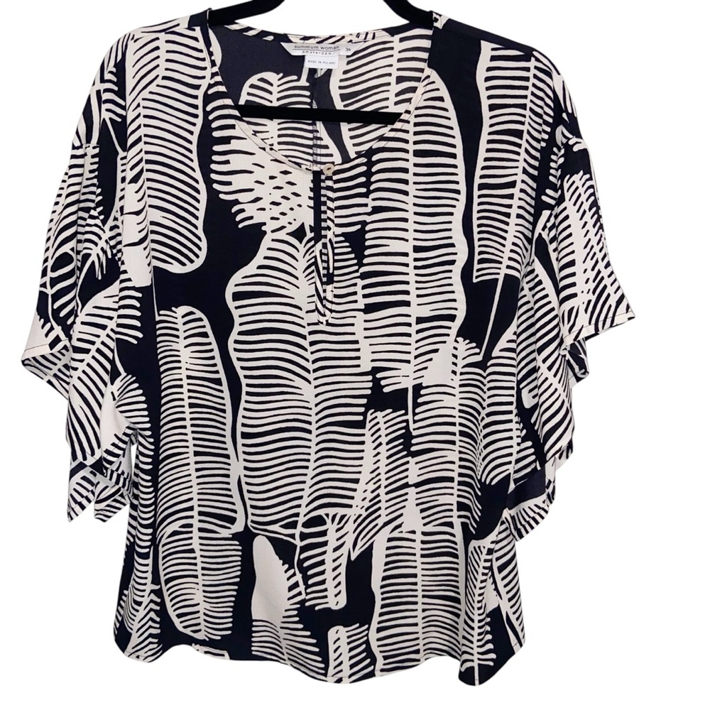 Summum Woman Top Size 36 AmsterdamBlack Leaf Print Blouse Shirt Tropical Boho
